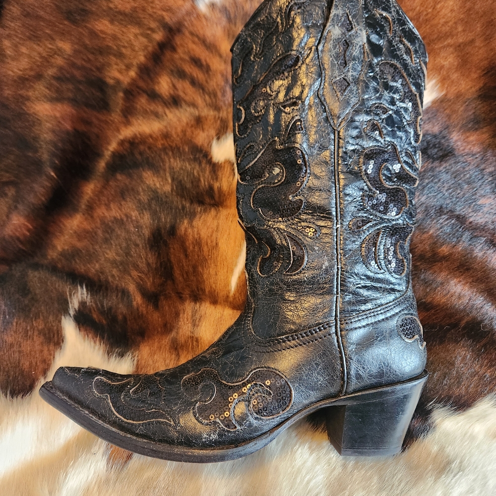Corral Black Embroidered Sequin Inlay Cowboy Boot… - image 2